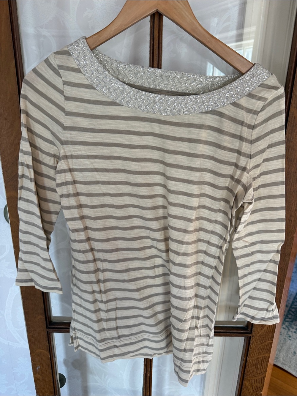 Banana Republic Cream and Gray Striped Long Sleeve Top with Sparkle Trim